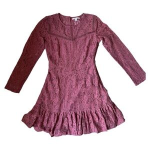 NWT Francesca’s Mi Ami lace ruffle-hem mini dress – mauve, long sleeve, sz S
